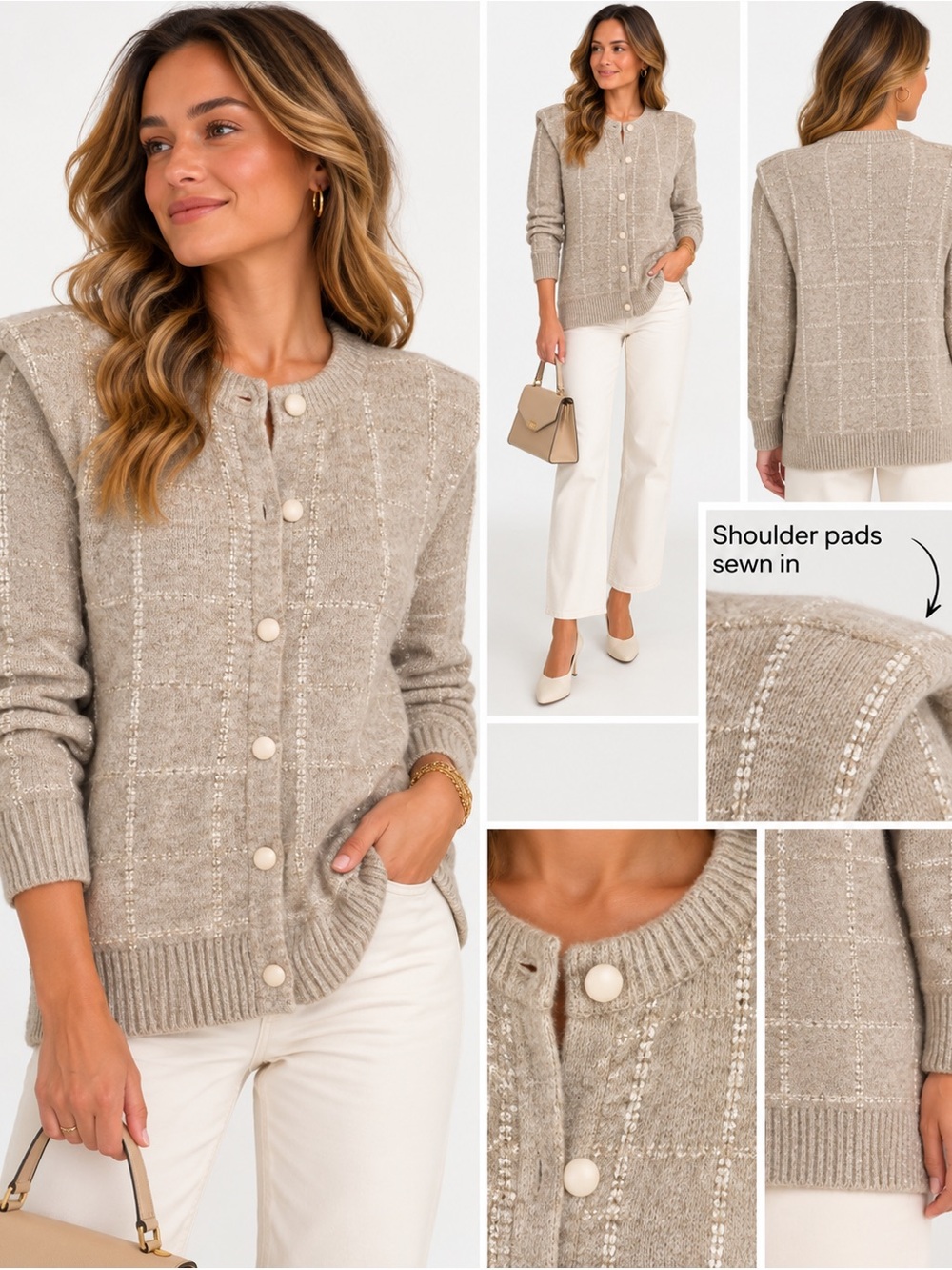 NWT Jessica Simpson Taupe Windowpane Knit Button Cardigan